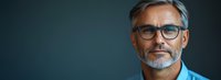 Confident mature Caucasian businessman with gray hair, beard and glasses wearing blue shirt looking at camera against dark background. Professional portrait.
