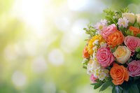 Vibrant bouquet of pink, orange and yellow roses with small white flowers against soft green bokeh background, suitable for wedding and celebration designs.