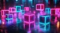 Glowing neon cubes with pink and blue light effects floating over reflective surface against dark background create futuristic cyberpunk atmosphere.