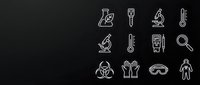 Medical and scientific equipment icons set with laboratory tools, microscopes, thermometers, protective gear and research instruments on black background.