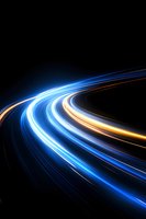 Dynamic light trails curve through darkness creating glowing blue and golden streaks against black background, suggesting speed, technology and motion.