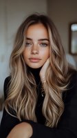 Young Caucasian woman with long blonde wavy hair and natural makeup posing indoors. Portrait of attractive female model in black sweater for beauty and lifestyle.