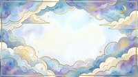 Watercolor cloud frame border with pastel purple blue yellow tones creating dreamy sky background for text space design projects and artistic layouts.