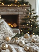 Cozy Christmas setting with gold ornaments on knitted blanket, fireplace and decorated tree in background, warm bokeh lights creating festive atmosphere.