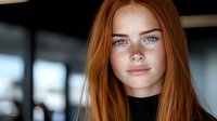 Young redhead woman with freckles and blue eyes wearing black turtleneck sweater, natural beauty portrait with soft lighting and blurred background.