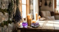Dried lavender bundles with burning candles and amethyst crystals create serene spa atmosphere on rustic wooden table in cozy home interior setting.