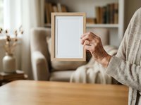 Senior woman with wrinkled hands holding wooden frame with blank white space in modern living room interior. Mockup for artwork, photo, or poster display in home decor setting.