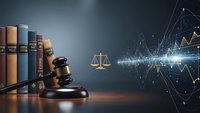 Digital justice concept with wooden gavel, law books and glowing scales connected by futuristic network lines representing legal technology innovation.