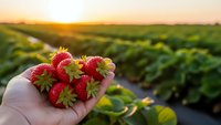 Fresh ripe strawberries held in hand at organic farm during golden hour sunset with agricultural field rows in background for healthy eating concepts.