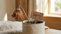 Dried wilting flower in a rustic ceramic pot with a wooden Sorry sign, soft natural light, apology and forgiveness concept.