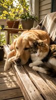 Golden retriever dog and tabby cat cuddling together on wooden porch bench in warm sunlight, showing friendship and companionship between pets.