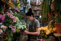 Young female florist in gray apron arranging flowers in shop, surrounded by colorful blooms and potted plants. Natural lighting creates warm atmosphere in retail space.