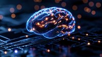 Glowing digital brain on circuit board with neural connections and bokeh light effects, representing artificial intelligence and machine learning technology.