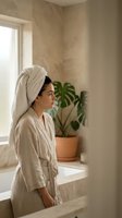 Young woman in bathrobe with towel on head standing in modern bathroom after shower, spa wellness routine at home for relaxation and self-care.