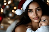 Young mixed race mother wearing santa hat embraces baby near christmas tree with bokeh lights, creating warm holiday atmosphere and tender family moment.