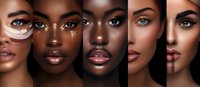 Diverse female faces with glamorous makeup and glowing skin showcase different skin tones and beauty looks in artistic portrait collage. Professional cosmetics application.
