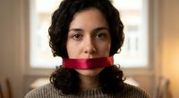 Young woman with curly dark hair and red tape over mouth symbolizing censorship, silence, and freedom of speech restrictions in warm indoor setting.