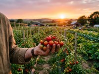 Farmer holding fresh ripe tomatoes at sunset in organic vegetable garden with greenhouse and cultivated fields in background during golden hour harvest.