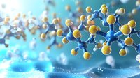 Molecular structure with blue and yellow atoms in scientific visualization against turquoise background showing chemical bonds and atomic arrangement.