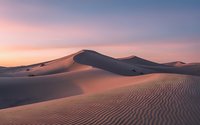 Desert sand dunes landscape at sunset with pink purple sky and rippled texture patterns creating serene natural scenery for travel and adventure themes.