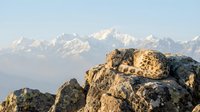 Rocky mountain peaks with snow-capped summits in distant background, golden sunlit boulders in foreground, alpine landscape for travel and nature projects.