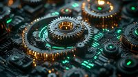 Mechanical gears and circuit board elements illuminated with glowing green and golden lights creating futuristic technological composition with depth of field effect.