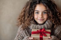 Young mixed race girl with curly hair wearing cozy knit sweater holds wrapped present with red bow, expressing genuine joy and excitement during holiday season.
