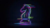 Neon chess knight piece glowing with vibrant rainbow colors against dark background for gaming and strategy concepts.
