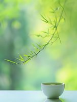 Fresh bamboo branch with delicate leaves above white ceramic bowl containing green tea, creating serene zen atmosphere against soft blurred natural background.