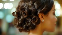 Elegant vintage-inspired updo with dark brown curls styled in classic pin curls, showcasing formal hairstyling for special occasions and professional beauty services.