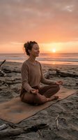 Young woman practicing meditation yoga on beach at golden sunset with peaceful ocean waves and warm sky colors for wellness and mindfulness content.