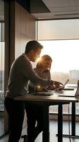 Business colleagues collaborating on laptop in modern office with warm sunlight streaming through windows during productive meeting.