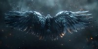 Mystical dark wings spread wide against stormy sky with glowing embers and particles, creating dramatic supernatural atmosphere for fantasy designs.