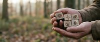 Hands holding wooden blocks with environmental icons in forest setting, representing sustainability and eco-friendly practices for conservation campaigns.