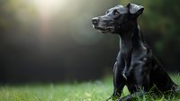 Black dog sitting in grass with alert expression and noble profile against blurred natural background, dramatic lighting highlights sleek coat and attentive posture.