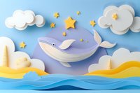 Playful paper art scene with flying whale among clouds and stars over layered ocean waves and sandy beach landscape. For children's room decor and nursery design.