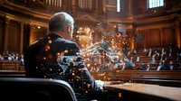 Senior businessman in dark suit sitting alone in grand wooden courtroom with glowing digital network effect overlay, representing legal technology advancement.