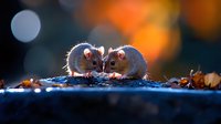 Two wild mice touching noses in romantic pose at sunset with orange bokeh background and autumn leaves, backlit creating glowing rim light effect on fur.