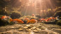 Colorful koi fish swimming in sunlit pond with golden coins scattered on bottom creating magical underwater scene with warm light rays filtering through water.