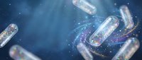 Microscopic bacteria cells with glowing blue and purple light trails floating in scientific environment for medical research and microbiology education.