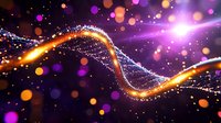 Glowing wave of orange and blue particles with sparkles on dark background, purple lens flare and bokeh lights create magical cosmic effect.