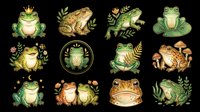Frog character collection with various poses and botanical elements, isolated on transparent background. Ready for t-shirt design, clipart, stickers, print-on-demand products, and sublimation projects.