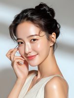 Asian woman with glowing skin and messy updo hairstyle touching face gently against neutral background, showcasing natural beauty and skincare results.