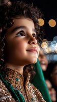 Young Middle Eastern girl in emerald green and gold traditional dress gazing upward with wonder, illuminated by soft bokeh lights in background.