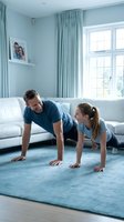 Father and daughter doing plank exercise together in bright living room with blue walls, white sofa, and large windows. Home fitness and family wellness concept.