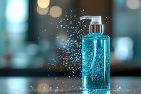 Turquoise liquid soap dispenser with sparkling water droplets and bokeh effect on blurred background, capturing freshness and cleanliness in cosmetic photography.