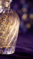 Glass bottle with warm string lights inside against blurred purple background. Suitable for holiday, festive, and decorative design projects.