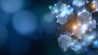 Glowing hexagonal shapes with light effects on dark blue bokeh background create modern technological or scientific visualization for presentation designs.