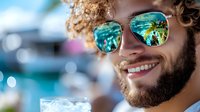 Young bearded man with curly hair wearing mirrored sunglasses smiling at tropical beach resort. Summer vacation lifestyle portrait with palm tree reflections.
