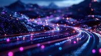 Curving highway at night with glowing light trails and bokeh effect creating futuristic cityscape atmosphere against mountain silhouettes in blue and pink tones.